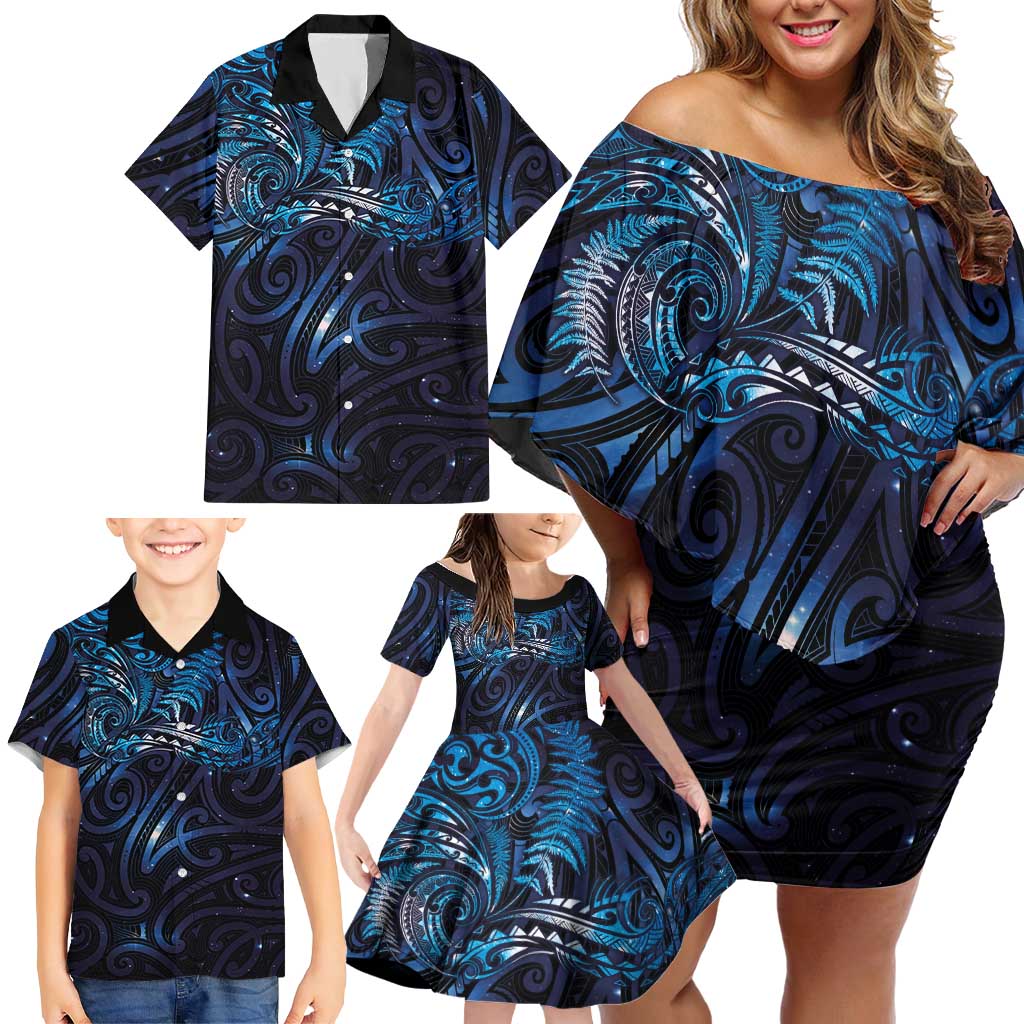 New Zealand New Year-Matariki Family Matching Off Shoulder Short Dress and Hawaiian Shirt Aotearoa Maori Tattoo Galaxy Sky