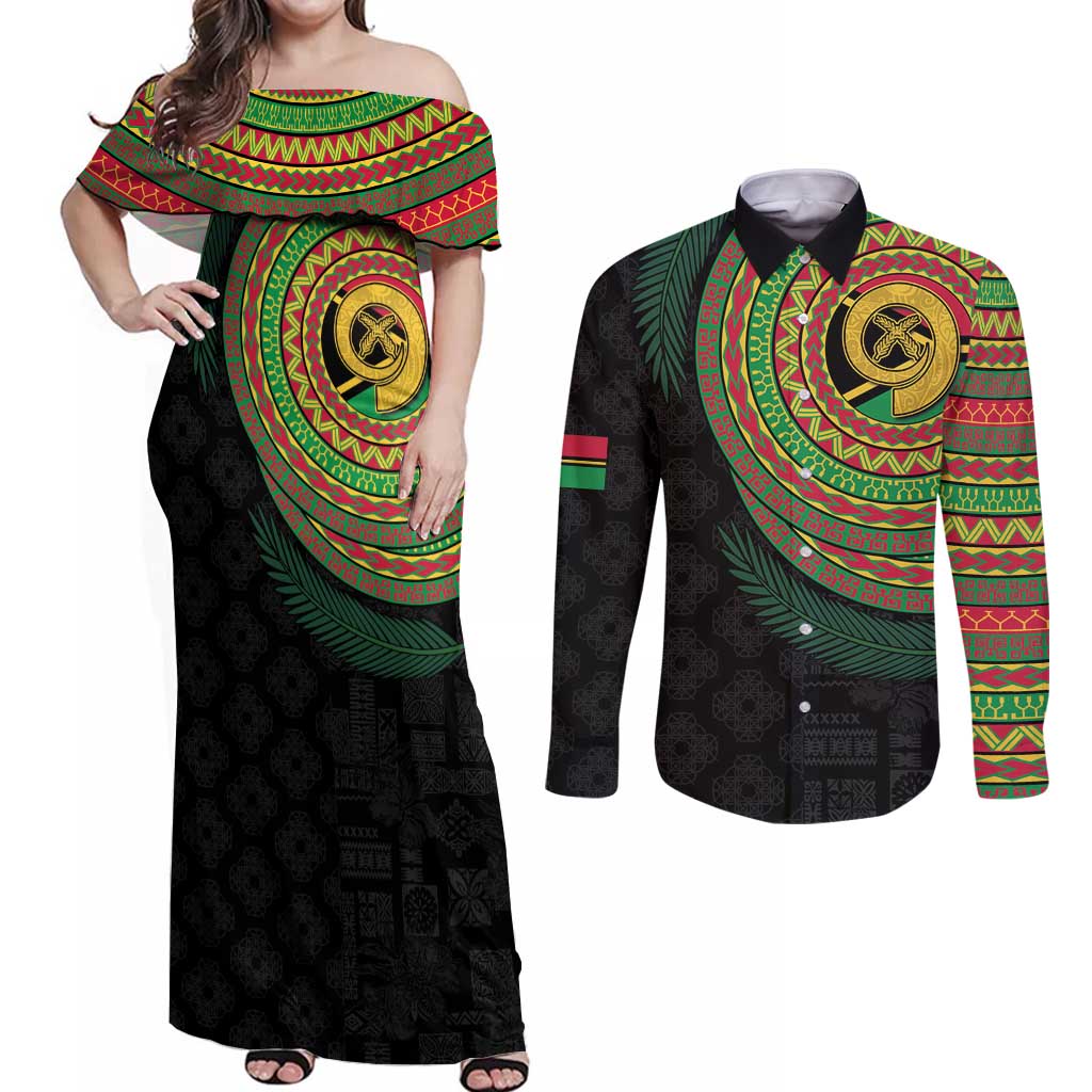 Vanuatu Tribal Tattoo with Namele Leaves Couples Matching Off Shoulder Maxi Dress and Long Sleeve Button Shirt