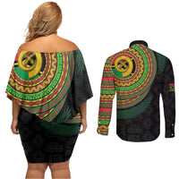 Vanuatu Tribal Tattoo with Namele Leaves Couples Matching Off Shoulder Short Dress and Long Sleeve Button Shirt