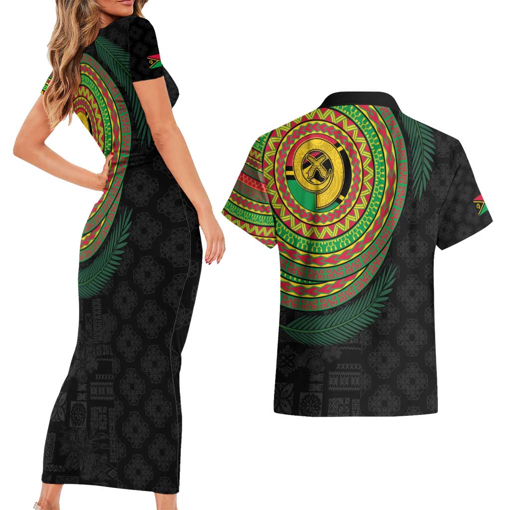 Vanuatu Tribal Tattoo with Namele Leaves Couples Matching Short Sleeve Bodycon Dress and Hawaiian Shirt