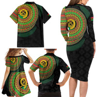 Vanuatu Tribal Tattoo with Namele Leaves Family Matching Long Sleeve Bodycon Dress and Hawaiian Shirt