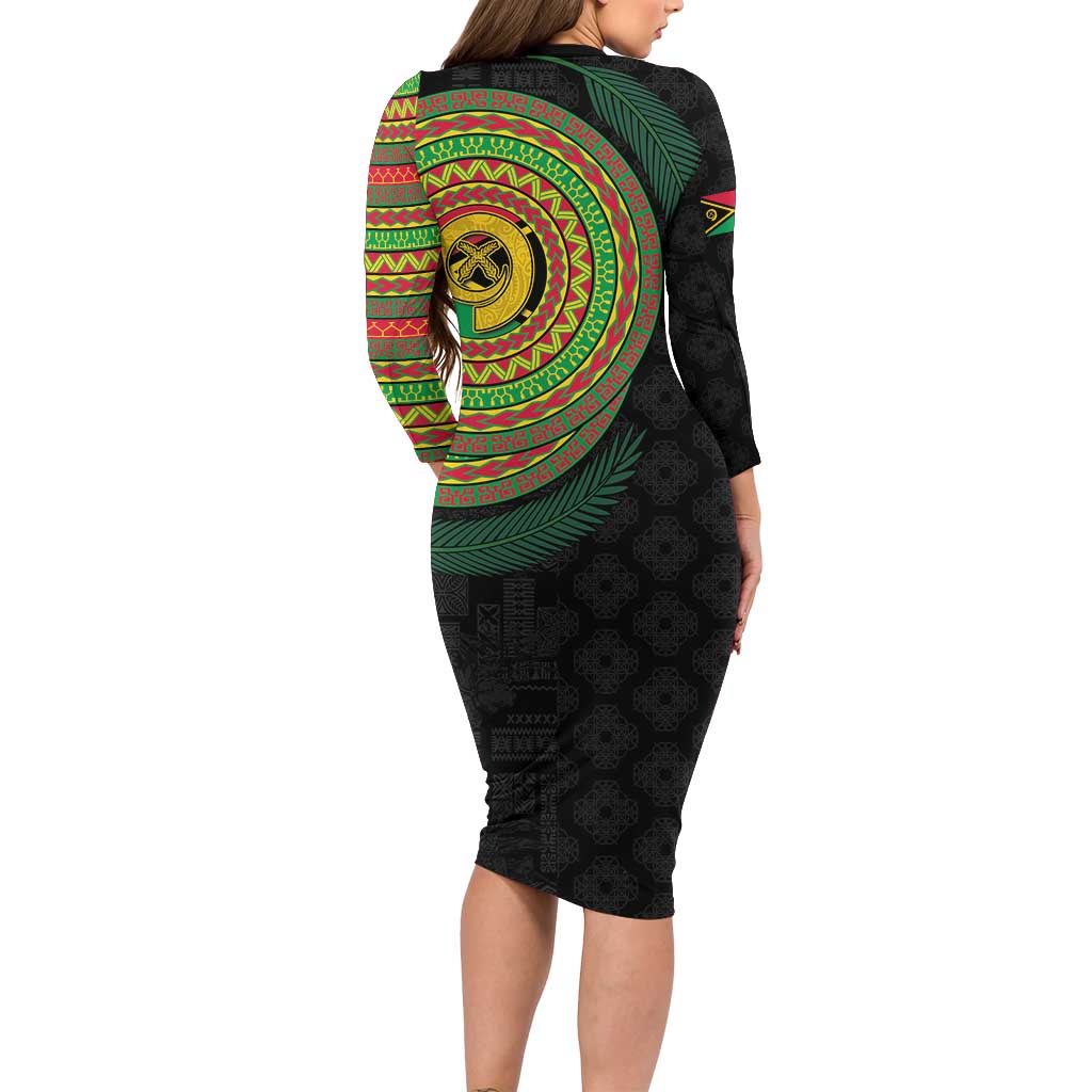 Vanuatu Tribal Tattoo with Namele Leaves Family Matching Long Sleeve Bodycon Dress and Hawaiian Shirt