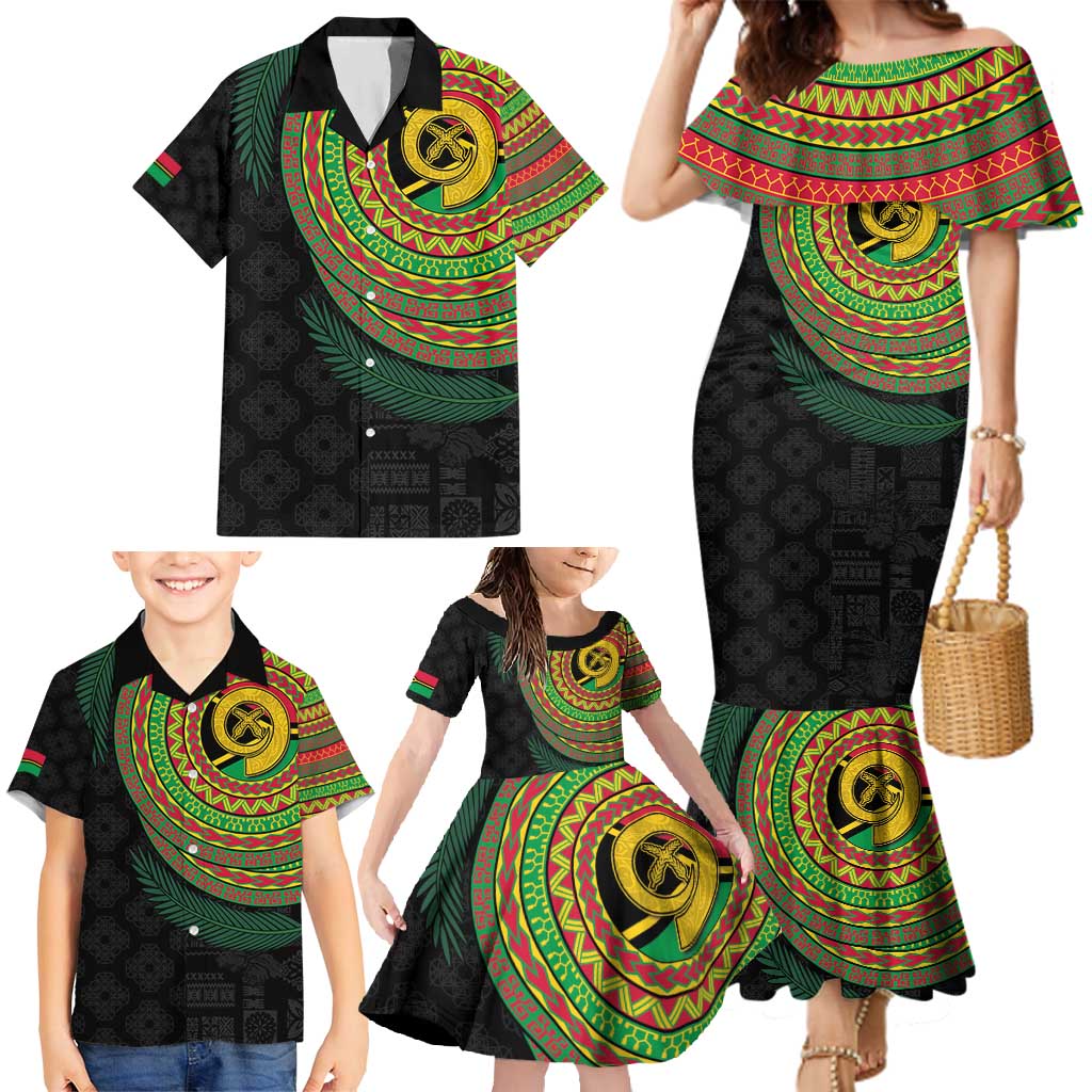 Vanuatu Tribal Tattoo with Namele Leaves Family Matching Mermaid Dress and Hawaiian Shirt