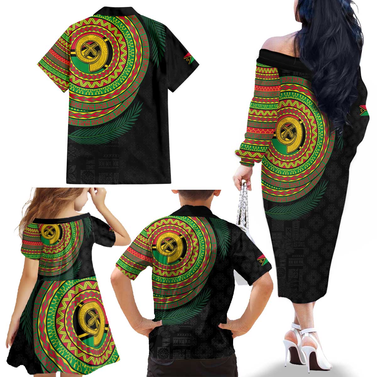 Vanuatu Tribal Tattoo with Namele Leaves Family Matching Off The Shoulder Long Sleeve Dress and Hawaiian Shirt