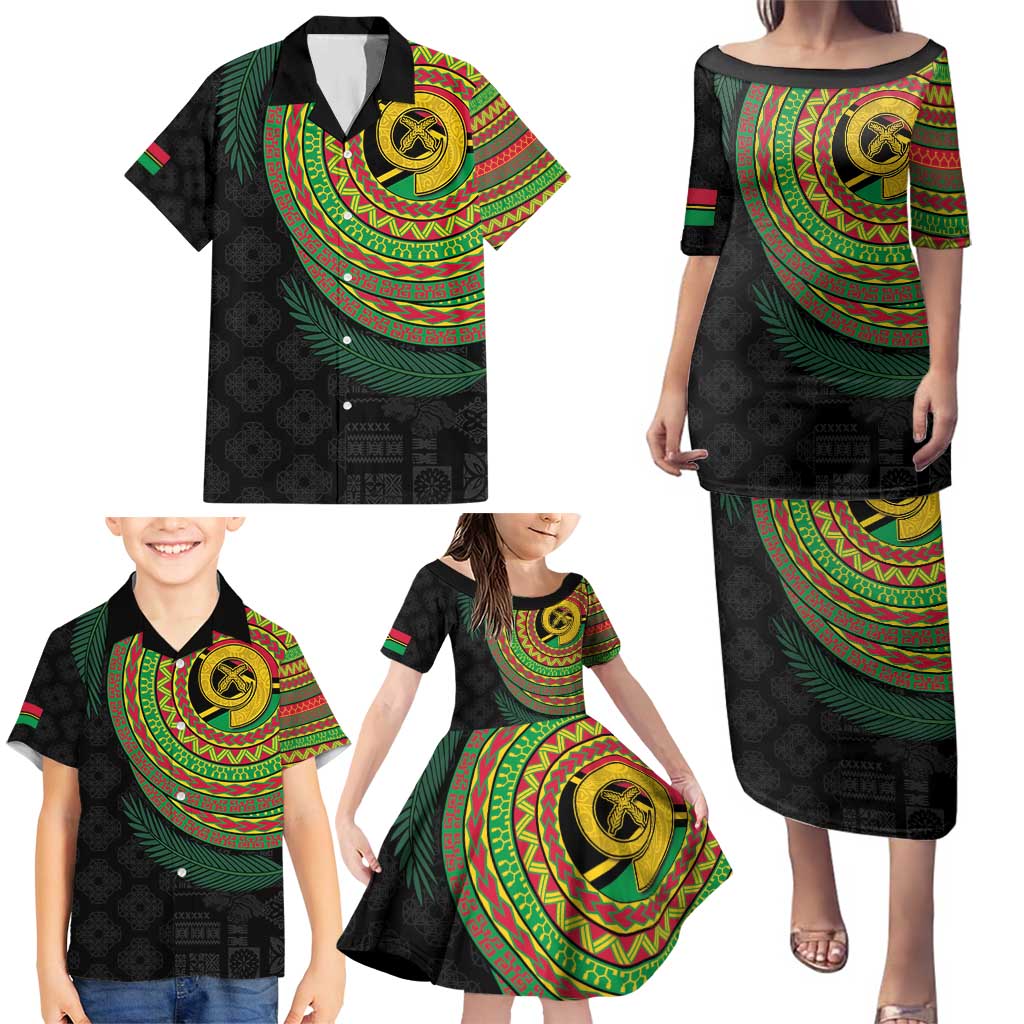 Vanuatu Tribal Tattoo with Namele Leaves Family Matching Puletasi and Hawaiian Shirt