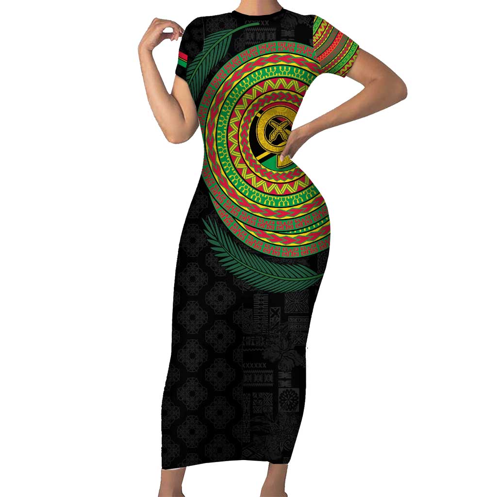 Vanuatu Tribal Tattoo with Namele Leaves Family Matching Short Sleeve Bodycon Dress and Hawaiian Shirt