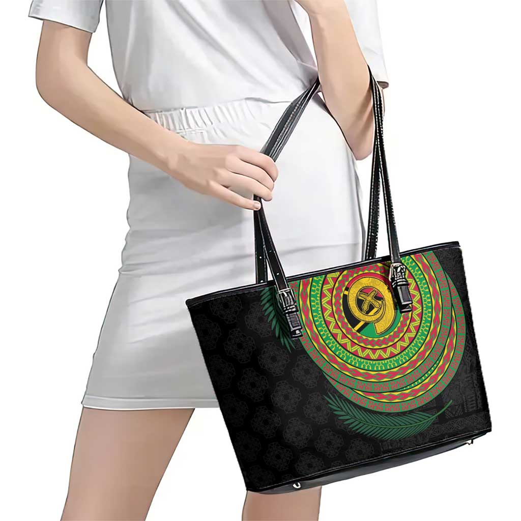 Vanuatu Tribal Tattoo with Namele Leaves Leather Tote Bag