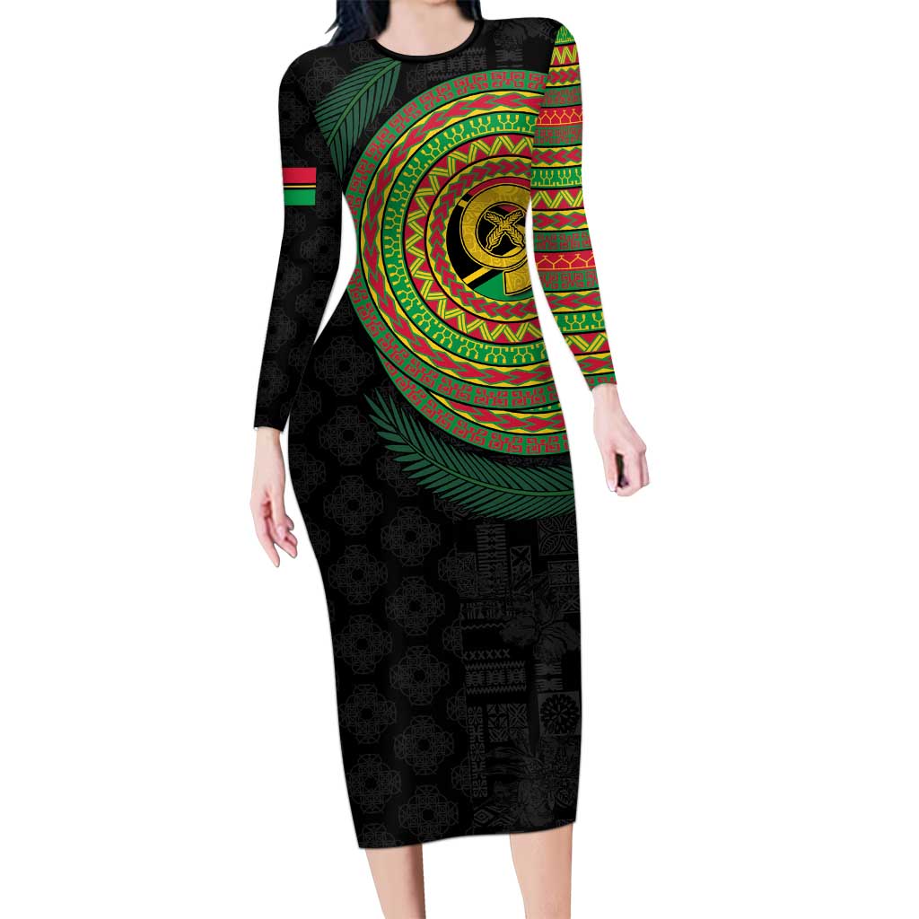Vanuatu Tribal Tattoo with Namele Leaves Long Sleeve Bodycon Dress