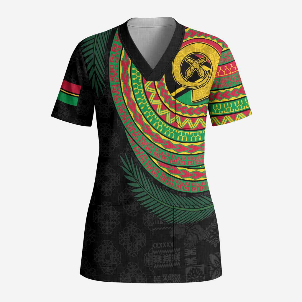 Vanuatu Tribal Tattoo with Namele Leaves Scrub Top LT03 Adult Black - Polynesian Pride
