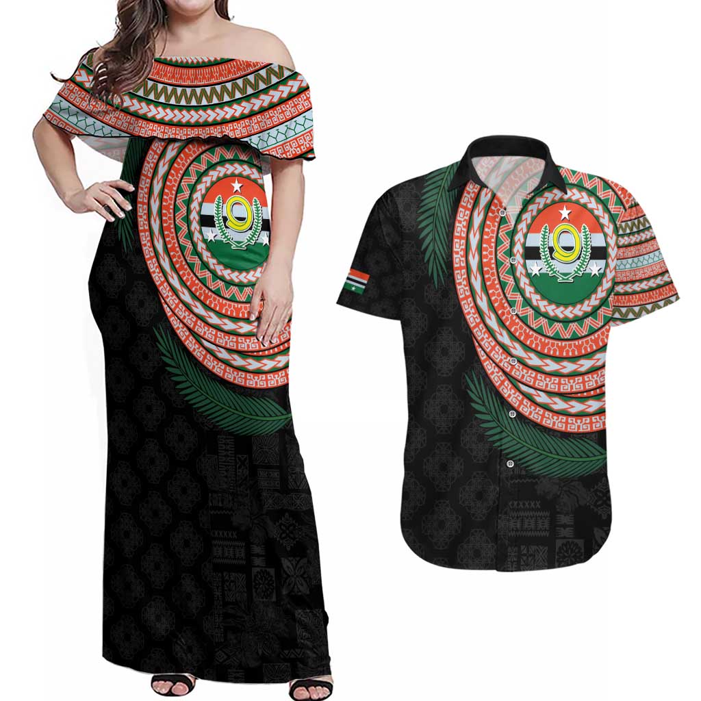 Penama Tribal Tattoo with Namele Leaves Couples Matching Off Shoulder Maxi Dress and Hawaiian Shirt
