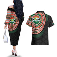 Penama Tribal Tattoo with Namele Leaves Couples Matching Off The Shoulder Long Sleeve Dress and Hawaiian Shirt