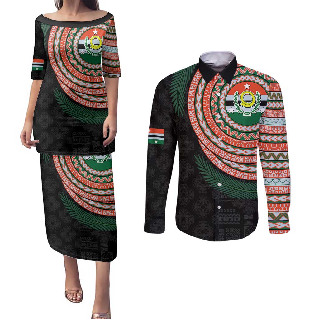 Penama Tribal Tattoo with Namele Leaves Couples Matching Puletasi and Long Sleeve Button Shirt LT03 Black - Polynesian Pride