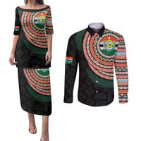 Penama Tribal Tattoo with Namele Leaves Couples Matching Puletasi and Long Sleeve Button Shirt LT03 Black - Polynesian Pride