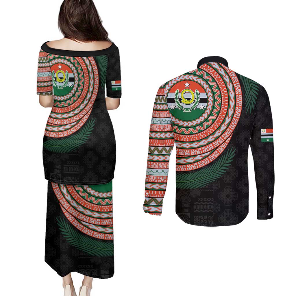 Penama Tribal Tattoo with Namele Leaves Couples Matching Puletasi and Long Sleeve Button Shirt LT03 - Polynesian Pride
