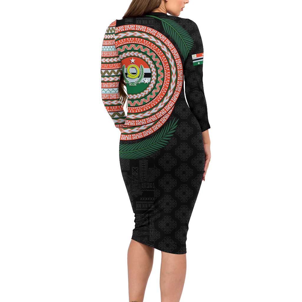Penama Tribal Tattoo with Namele Leaves Family Matching Long Sleeve Bodycon Dress and Hawaiian Shirt