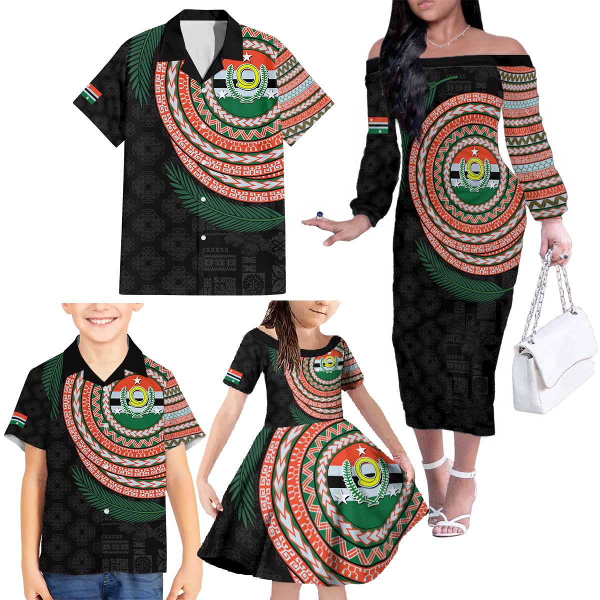 Penama Tribal Tattoo with Namele Leaves Family Matching Off The Shoulder Long Sleeve Dress and Hawaiian Shirt LT03 - Polynesian Pride