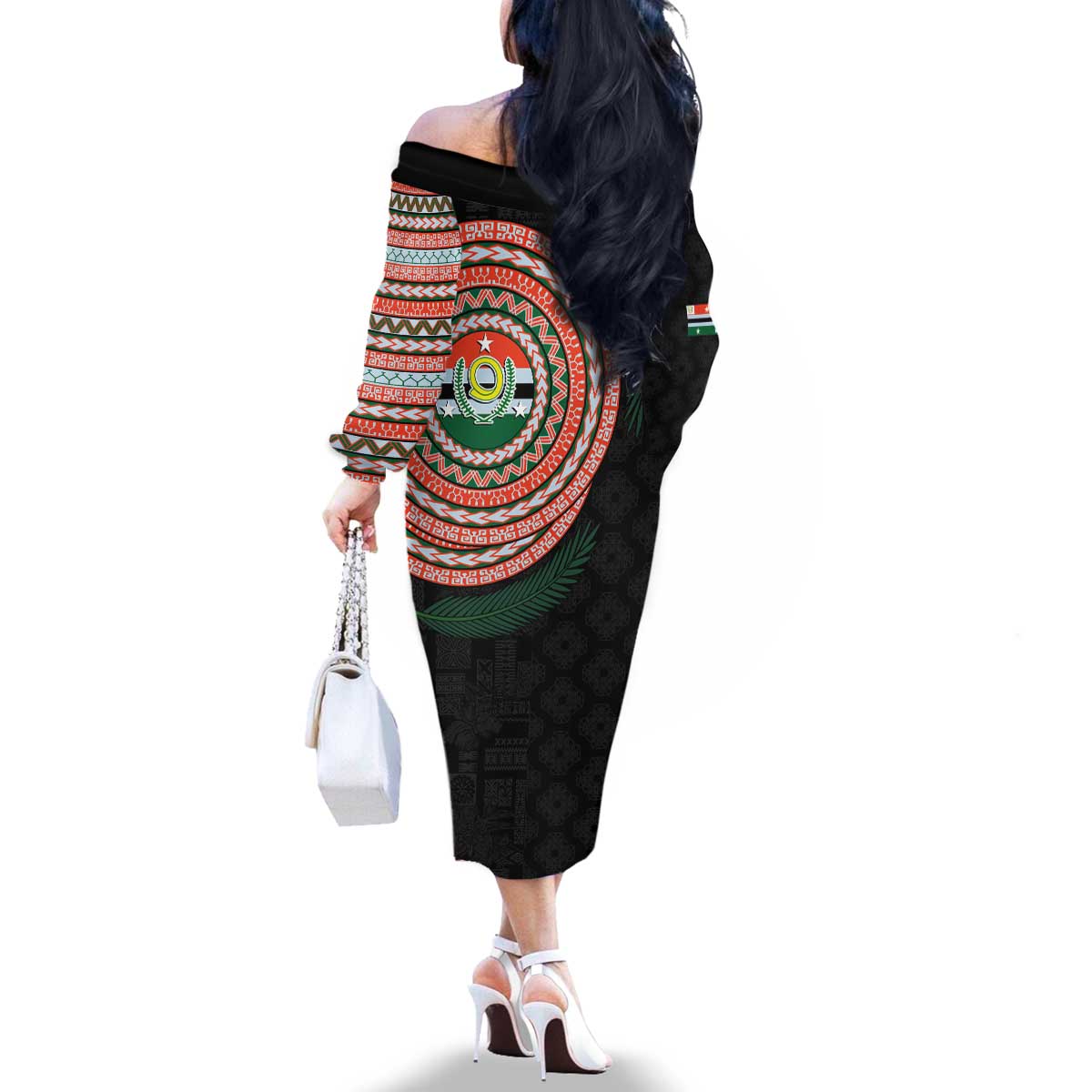 Penama Tribal Tattoo with Namele Leaves Family Matching Off The Shoulder Long Sleeve Dress and Hawaiian Shirt