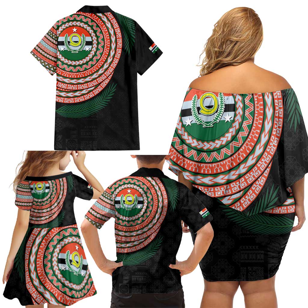 Penama Tribal Tattoo with Namele Leaves Family Matching Off Shoulder Short Dress and Hawaiian Shirt