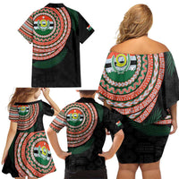 Penama Tribal Tattoo with Namele Leaves Family Matching Off Shoulder Short Dress and Hawaiian Shirt