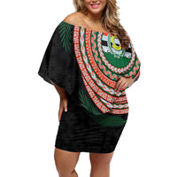Penama Tribal Tattoo with Namele Leaves Family Matching Off Shoulder Short Dress and Hawaiian Shirt