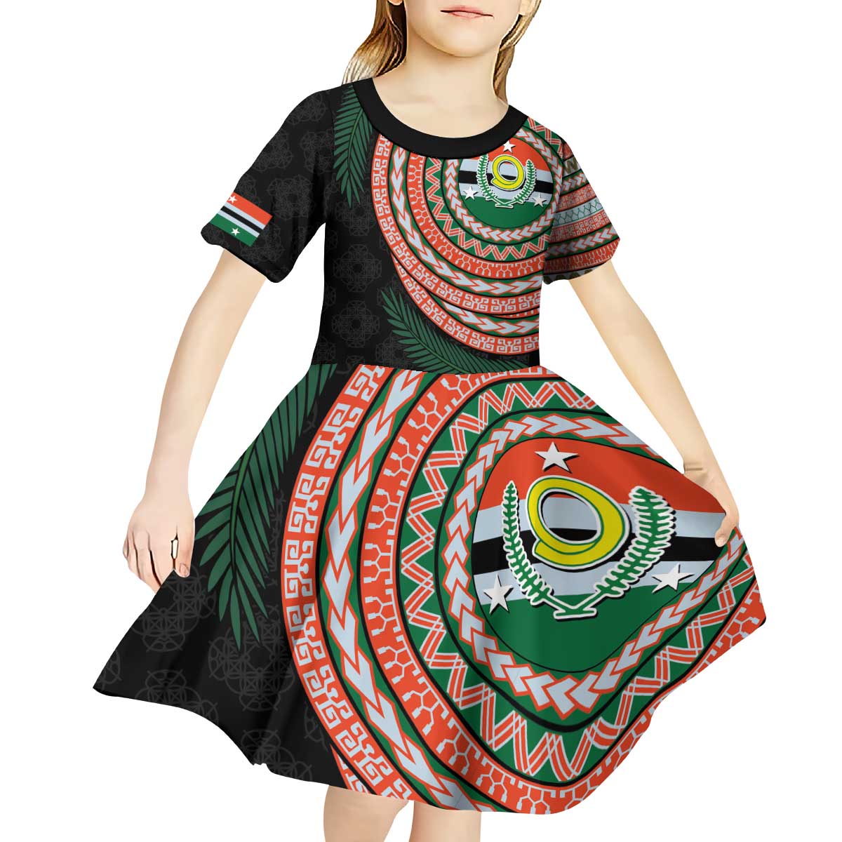 Penama Tribal Tattoo with Namele Leaves Kid Short Sleeve Dress LT03 - Polynesian Pride