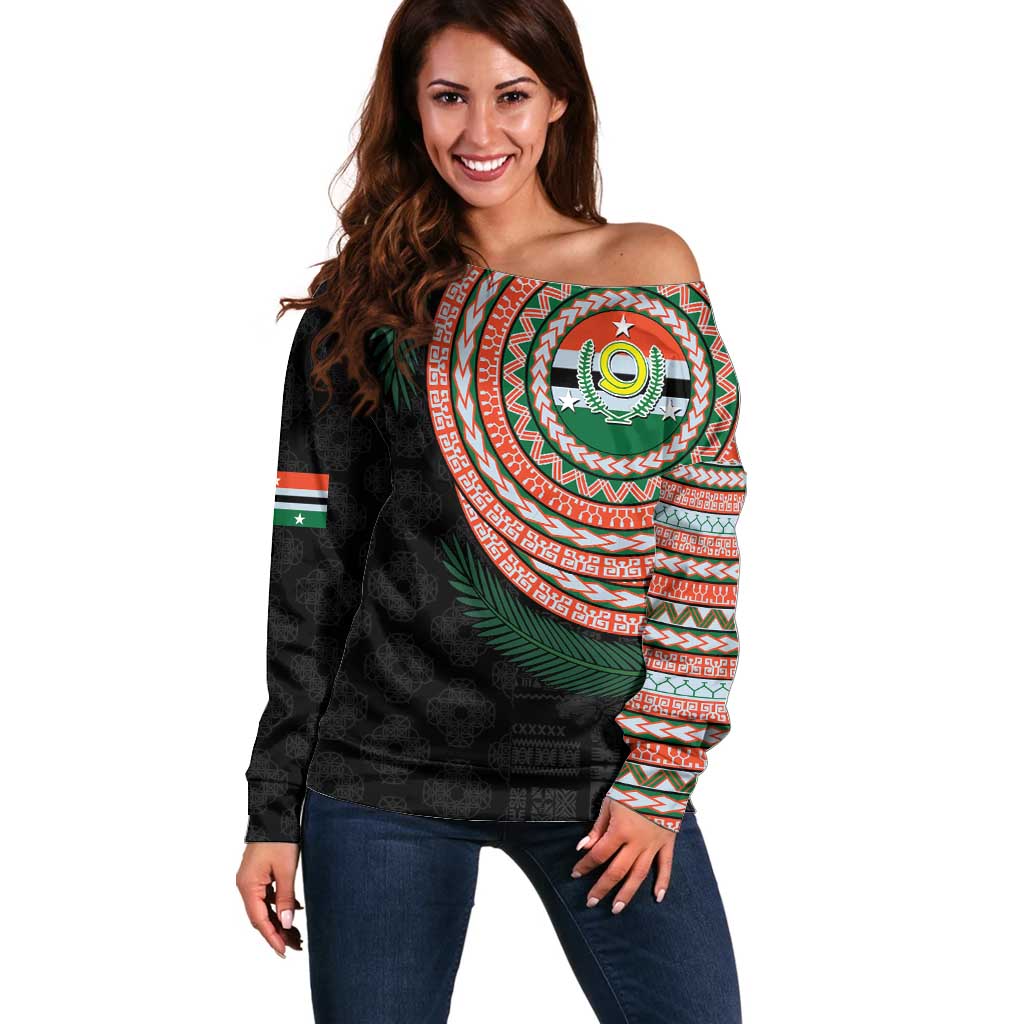 Penama Tribal Tattoo with Namele Leaves Off Shoulder Sweater