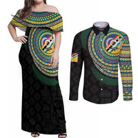 Torba Tribal Tattoo with Namele Leaves Couples Matching Off Shoulder Maxi Dress and Long Sleeve Button Shirt LT03 Black - Polynesian Pride
