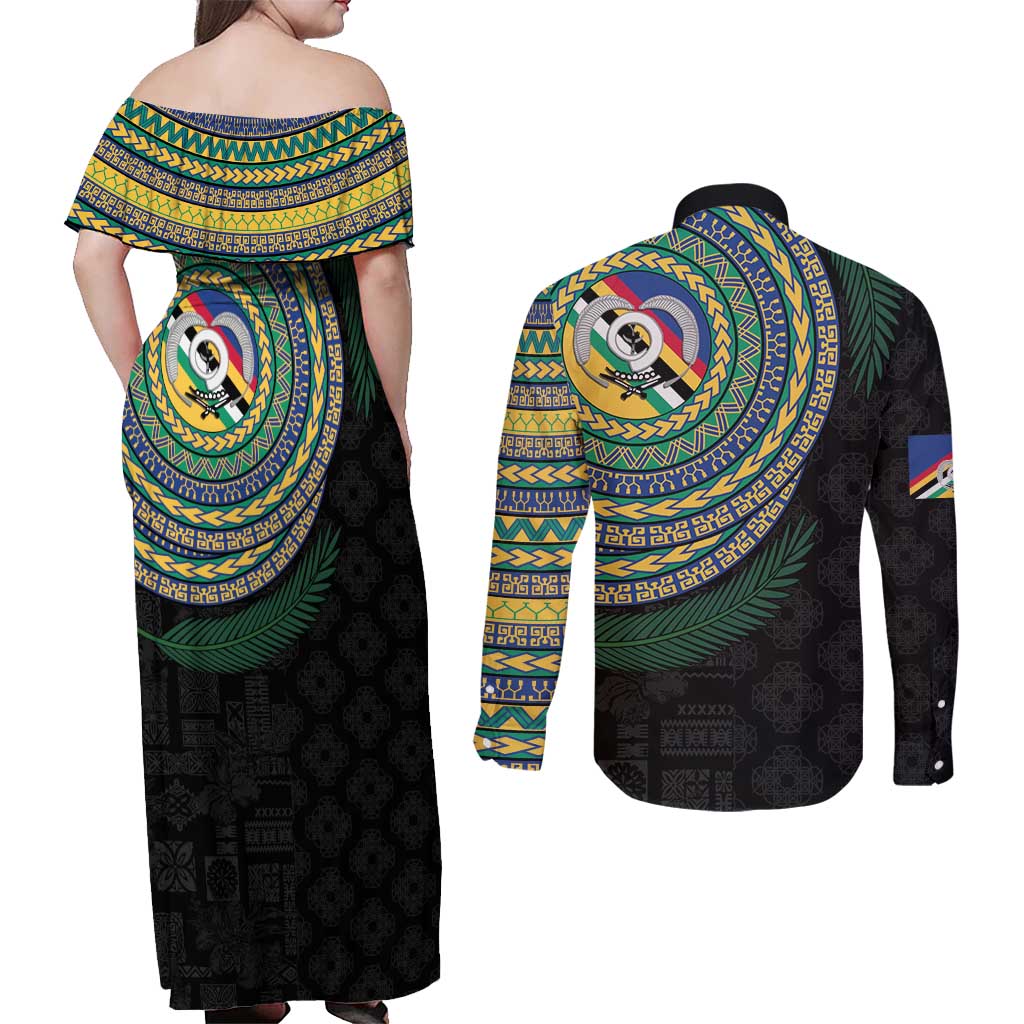 Torba Tribal Tattoo with Namele Leaves Couples Matching Off Shoulder Maxi Dress and Long Sleeve Button Shirt LT03 - Polynesian Pride