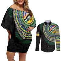 Torba Tribal Tattoo with Namele Leaves Couples Matching Off Shoulder Short Dress and Long Sleeve Button Shirt LT03 Black - Polynesian Pride