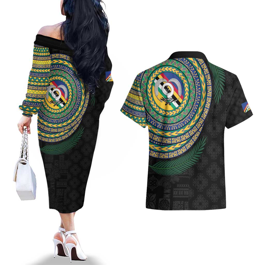 Torba Tribal Tattoo with Namele Leaves Couples Matching Off The Shoulder Long Sleeve Dress and Hawaiian Shirt