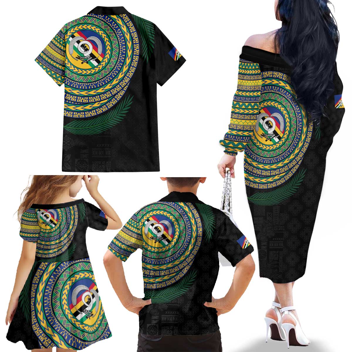 Torba Tribal Tattoo with Namele Leaves Family Matching Off The Shoulder Long Sleeve Dress and Hawaiian Shirt