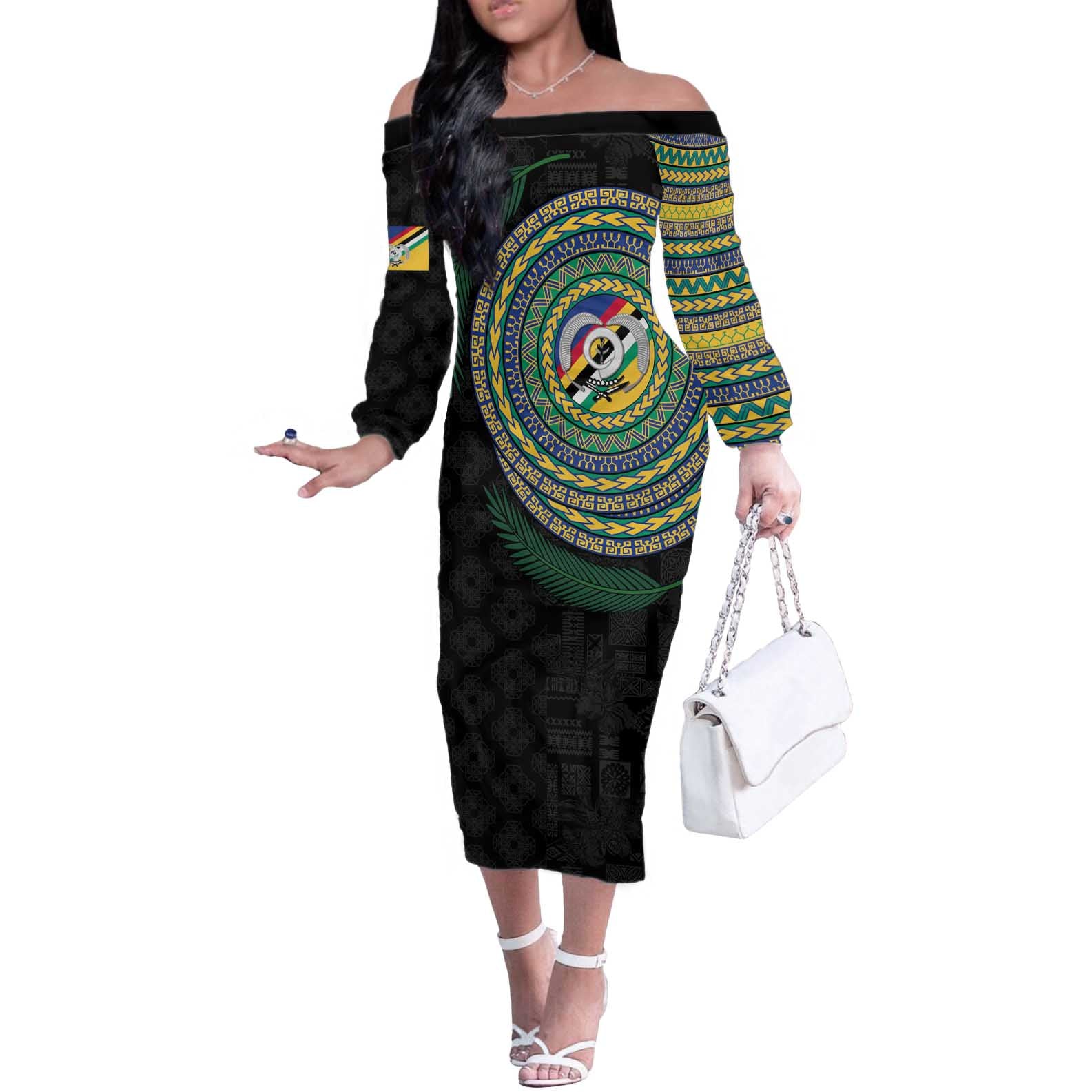 Torba Tribal Tattoo with Namele Leaves Off The Shoulder Long Sleeve Dress
