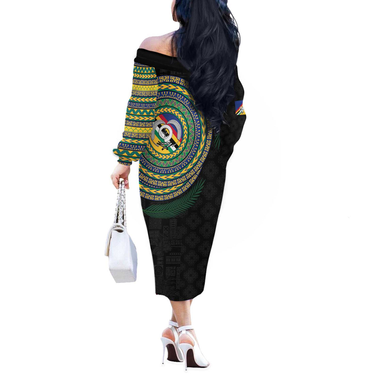 Torba Tribal Tattoo with Namele Leaves Off The Shoulder Long Sleeve Dress