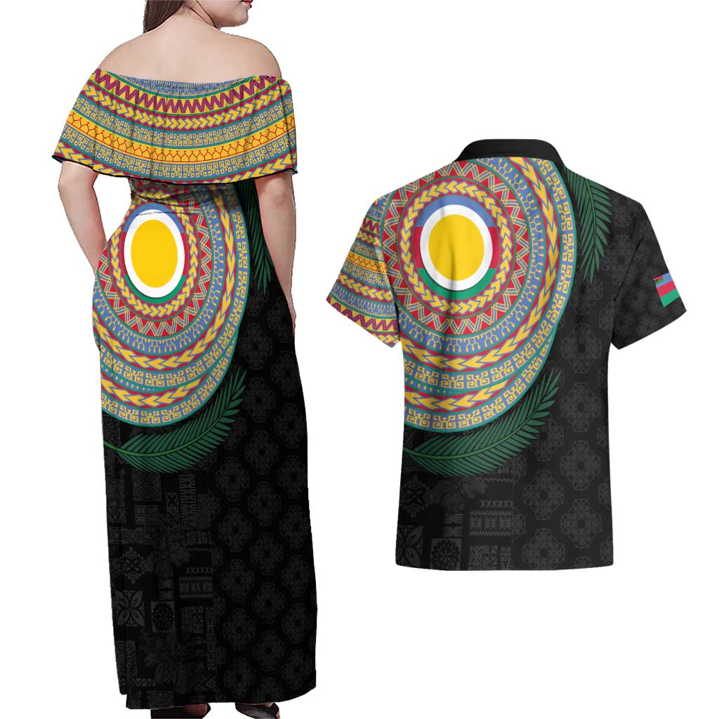 Shefa Tribal Tattoo with Namele Leaves Couples Matching Off Shoulder Maxi Dress and Hawaiian Shirt LT03 - Polynesian Pride