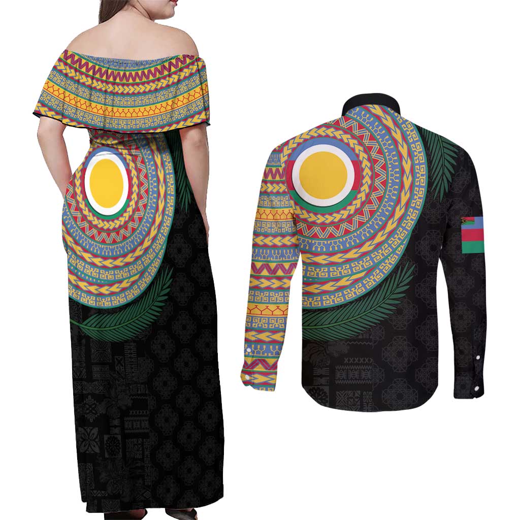 Shefa Tribal Tattoo with Namele Leaves Couples Matching Off Shoulder Maxi Dress and Long Sleeve Button Shirt LT03 - Polynesian Pride