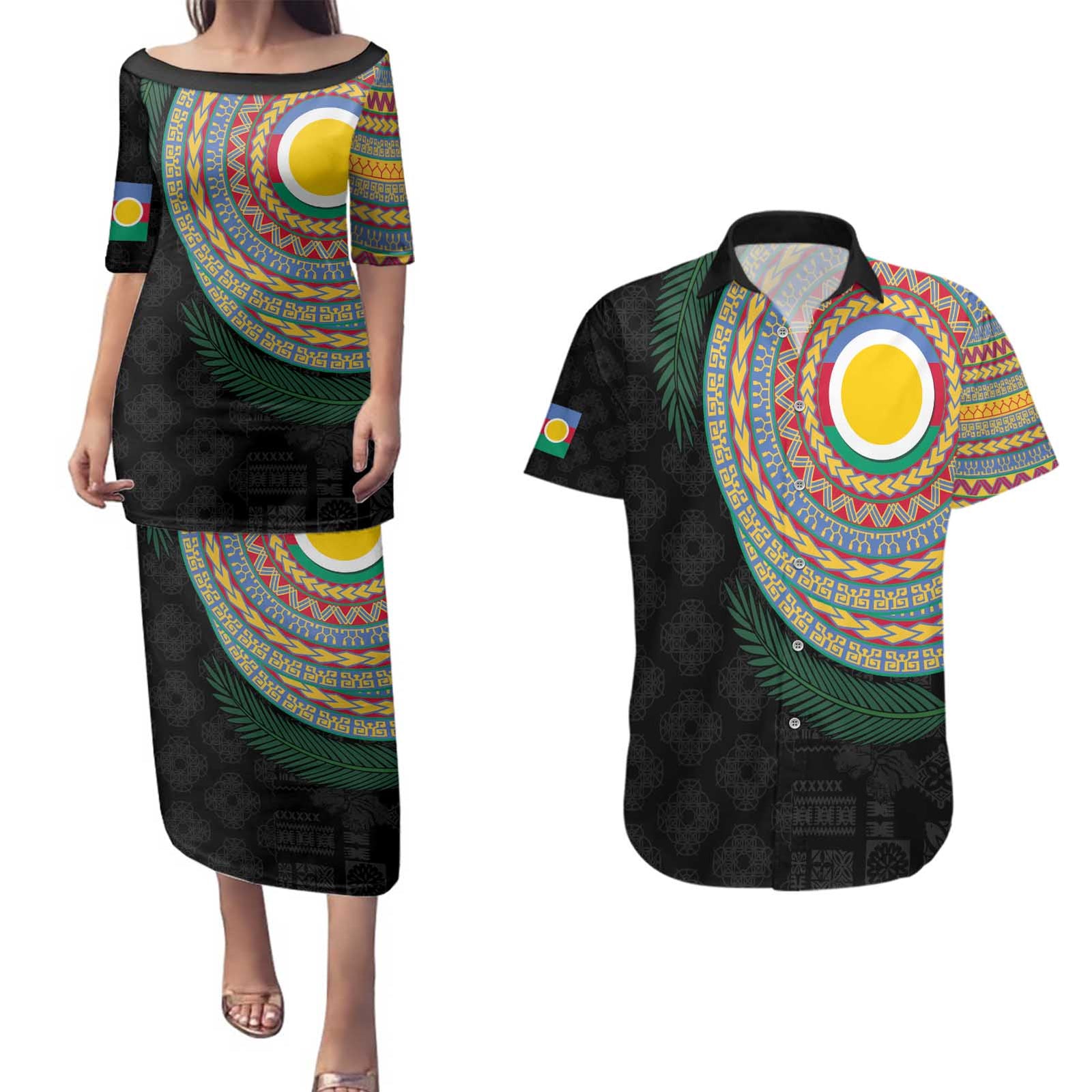 Shefa Tribal Tattoo with Namele Leaves Couples Matching Puletasi and Hawaiian Shirt LT03 Black - Polynesian Pride