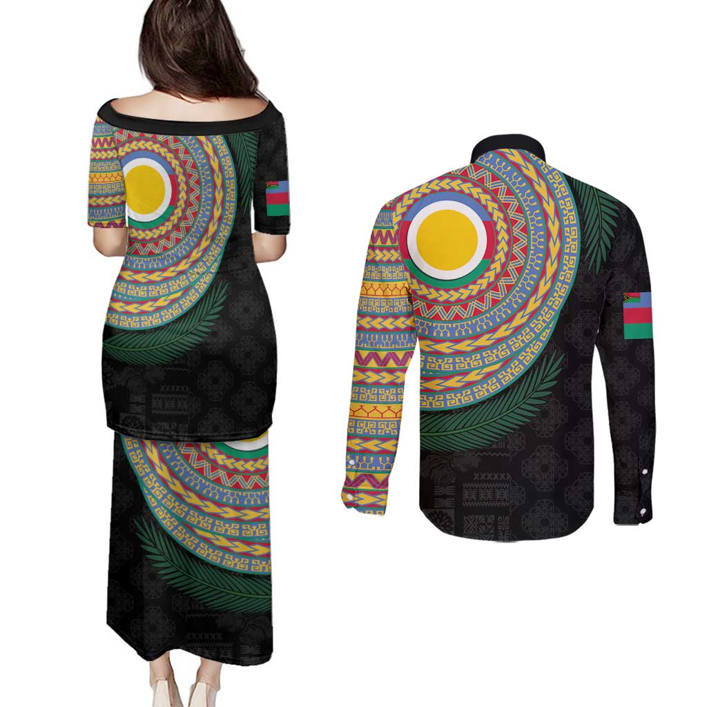 Shefa Tribal Tattoo with Namele Leaves Couples Matching Puletasi and Long Sleeve Button Shirt LT03 - Polynesian Pride