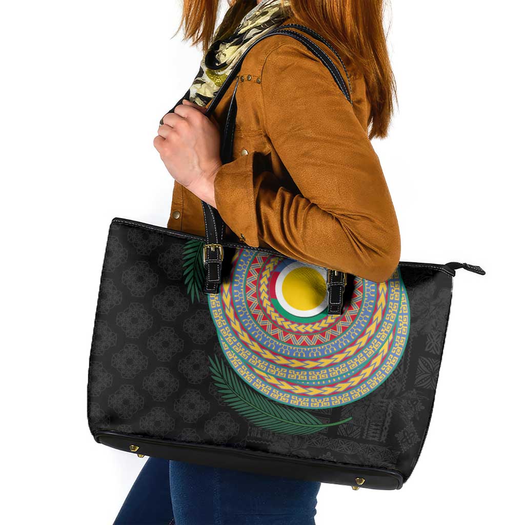 Shefa Tribal Tattoo with Namele Leaves Leather Tote Bag