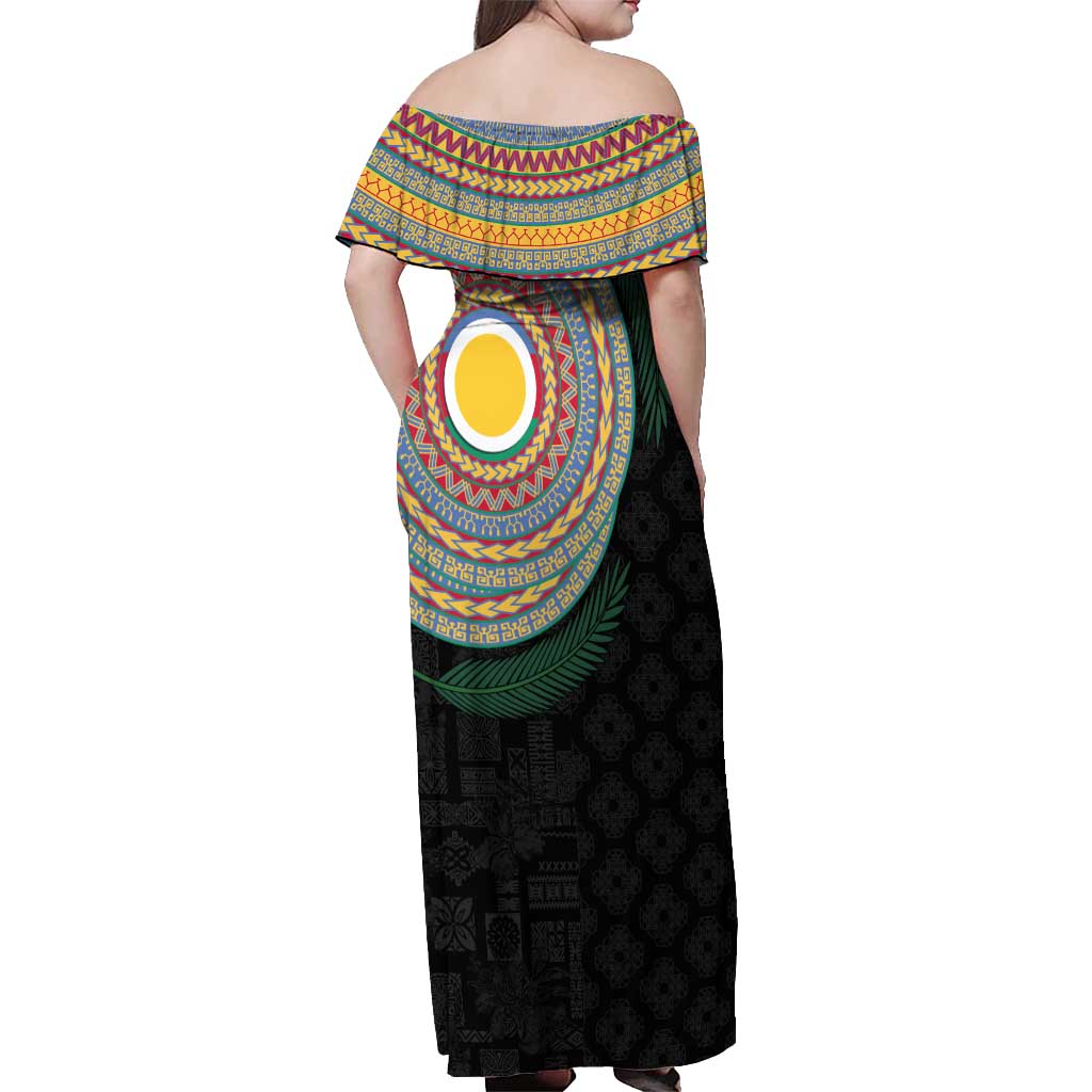 Shefa Tribal Tattoo with Namele Leaves Off Shoulder Maxi Dress