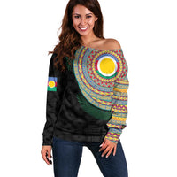 Shefa Tribal Tattoo with Namele Leaves Off Shoulder Sweater