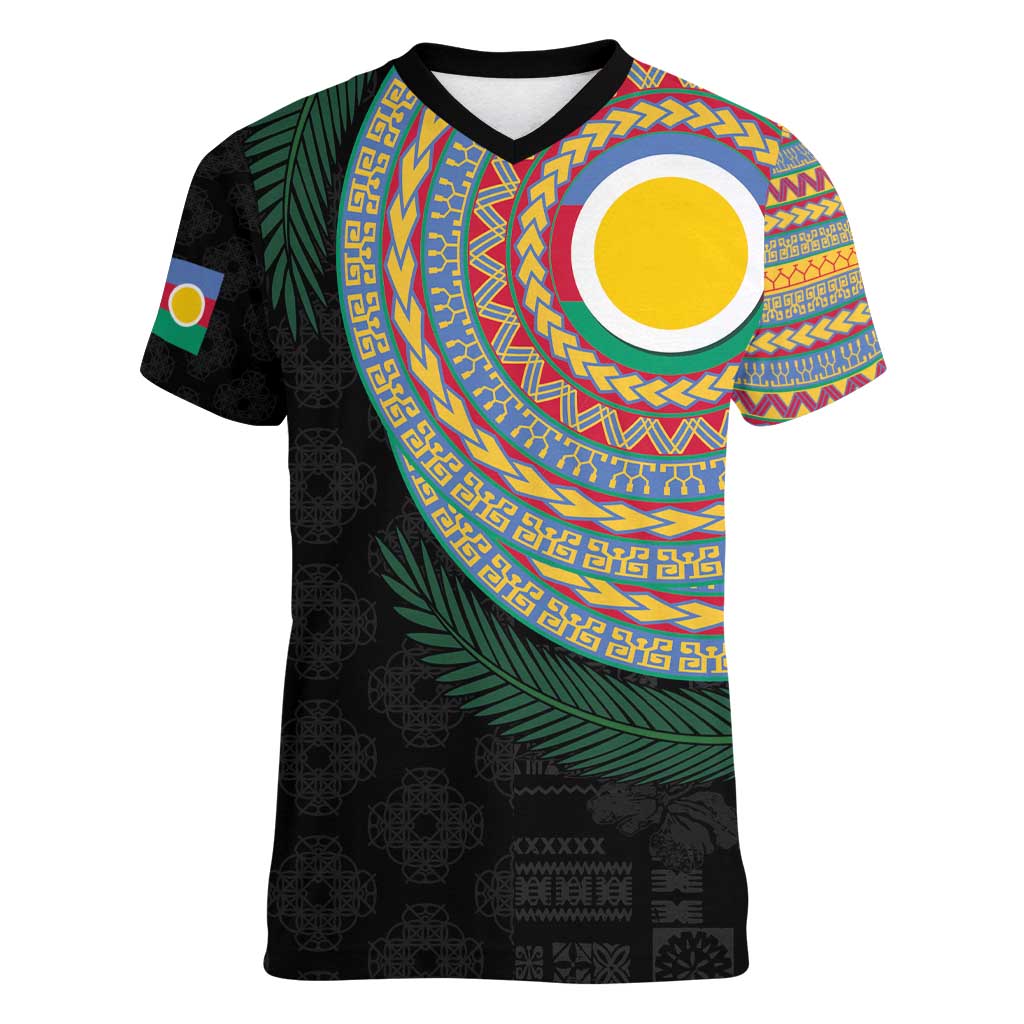 Shefa Tribal Tattoo with Namele Leaves Women V-Neck T-Shirt