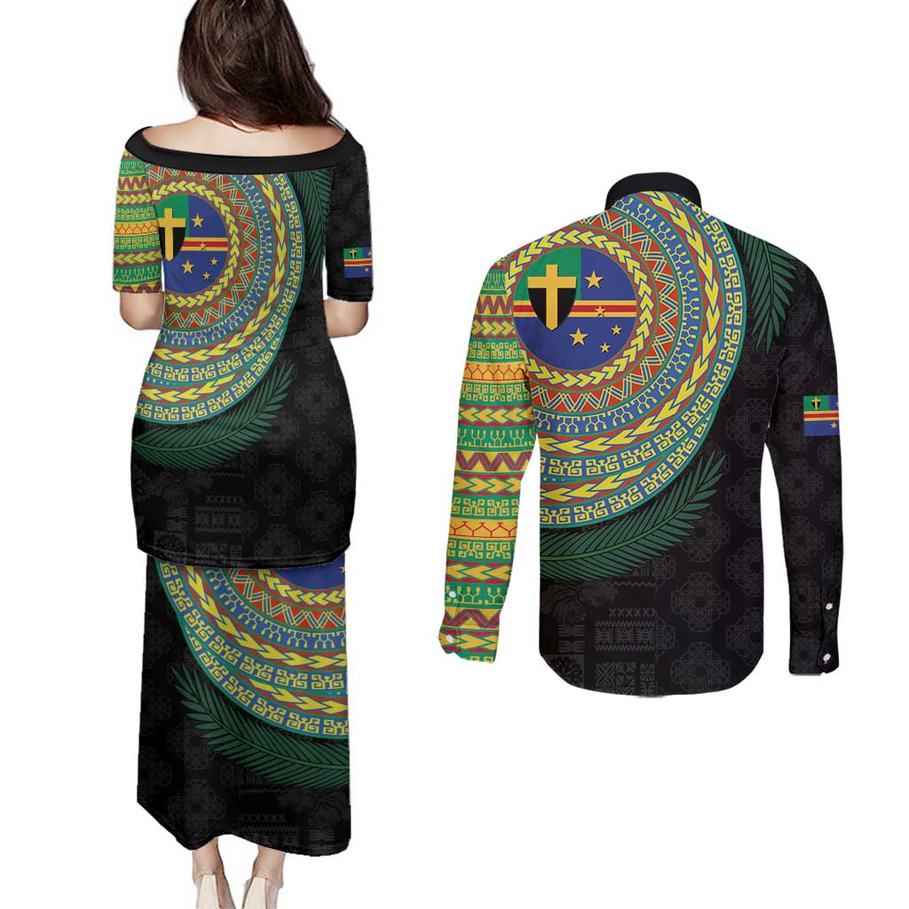 Tafea Tribal Tattoo with Namele Leaves Couples Matching Puletasi and Long Sleeve Button Shirt LT03 - Polynesian Pride