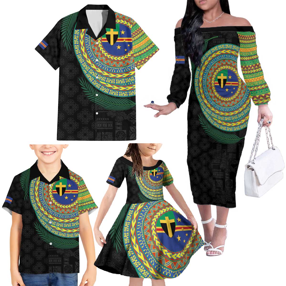 Tafea Tribal Tattoo with Namele Leaves Family Matching Off The Shoulder Long Sleeve Dress and Hawaiian Shirt LT03 - Polynesian Pride