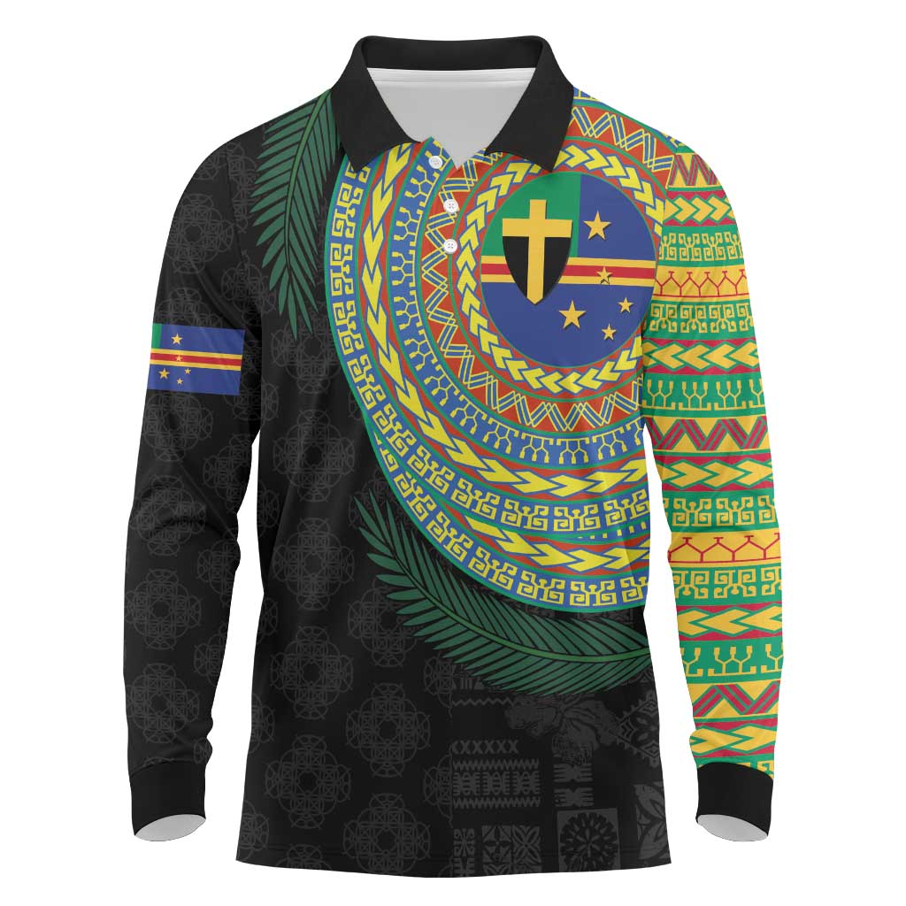 Tafea Tribal Tattoo with Namele Leaves Long Sleeve Polo Shirt