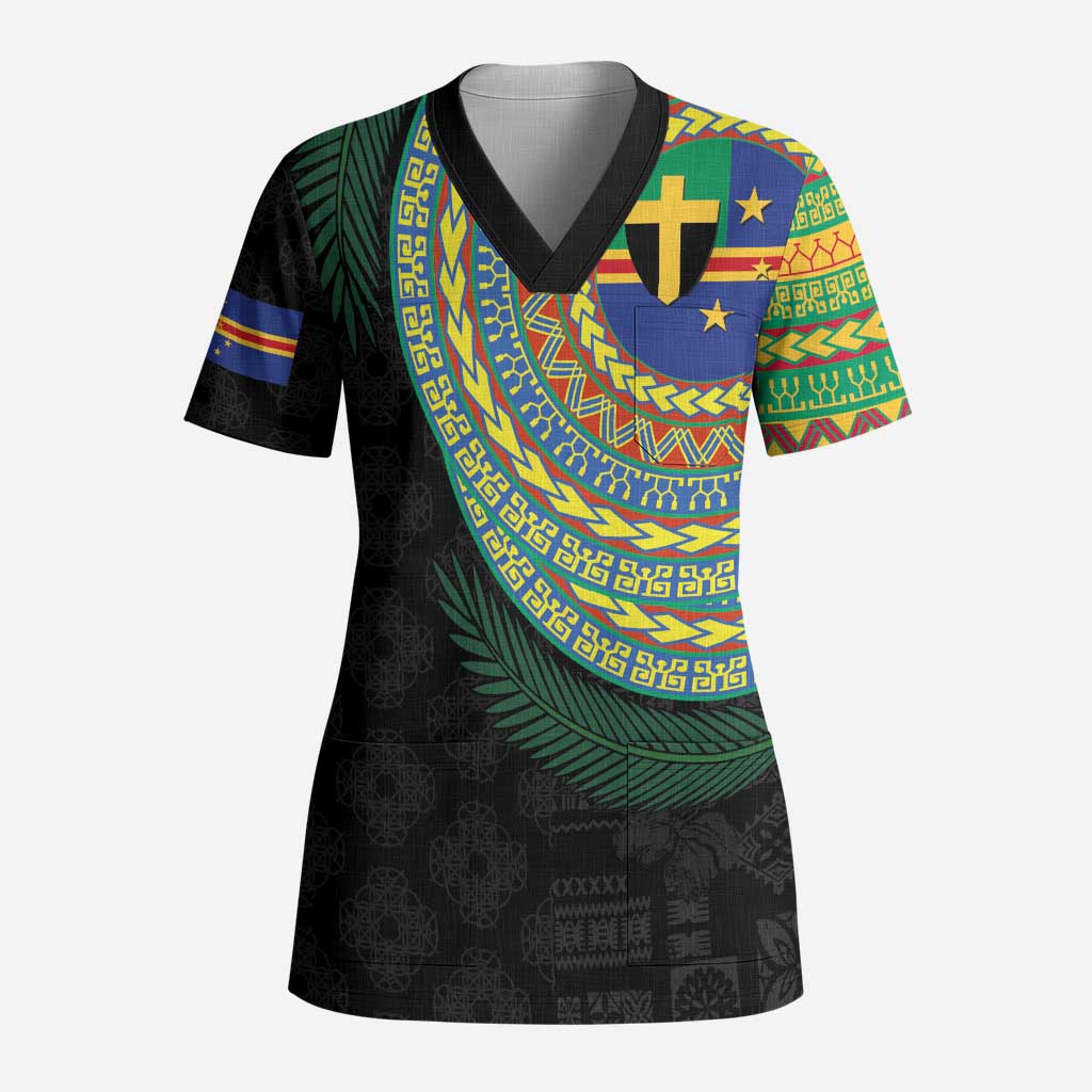 Tafea Tribal Tattoo with Namele Leaves Scrub Top LT03 Adult Black - Polynesian Pride