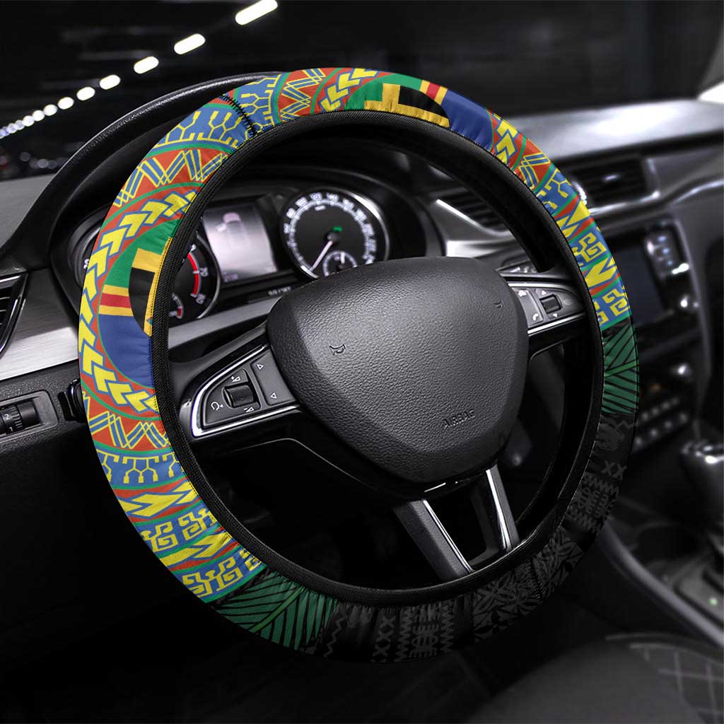 Tafea Tribal Tattoo with Namele Leaves Steering Wheel Cover LT03 Universal Fit Black - Polynesian Pride
