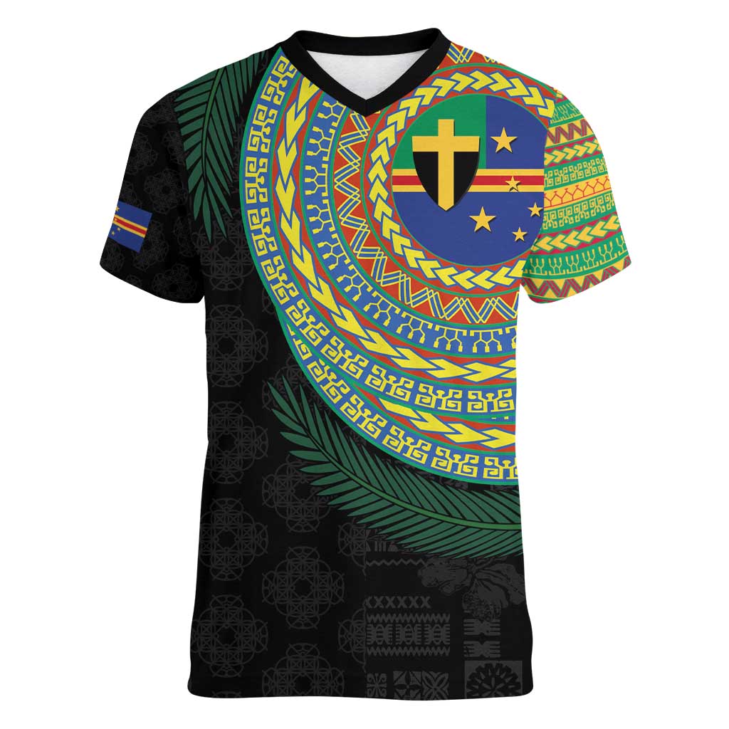 Tafea Tribal Tattoo with Namele Leaves Women V-Neck T-Shirt