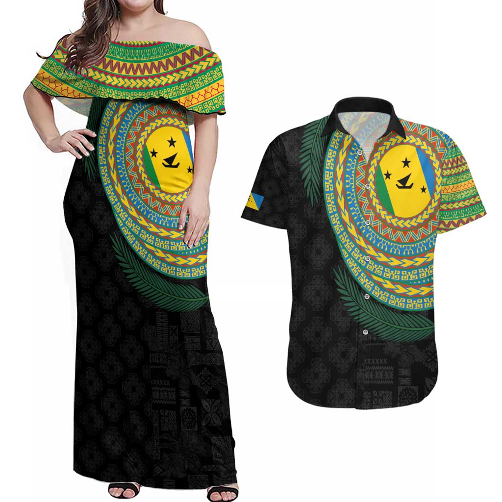 Malampa Tribal Tattoo with Namele Leaves Couples Matching Off Shoulder Maxi Dress and Hawaiian Shirt LT03 Black - Polynesian Pride