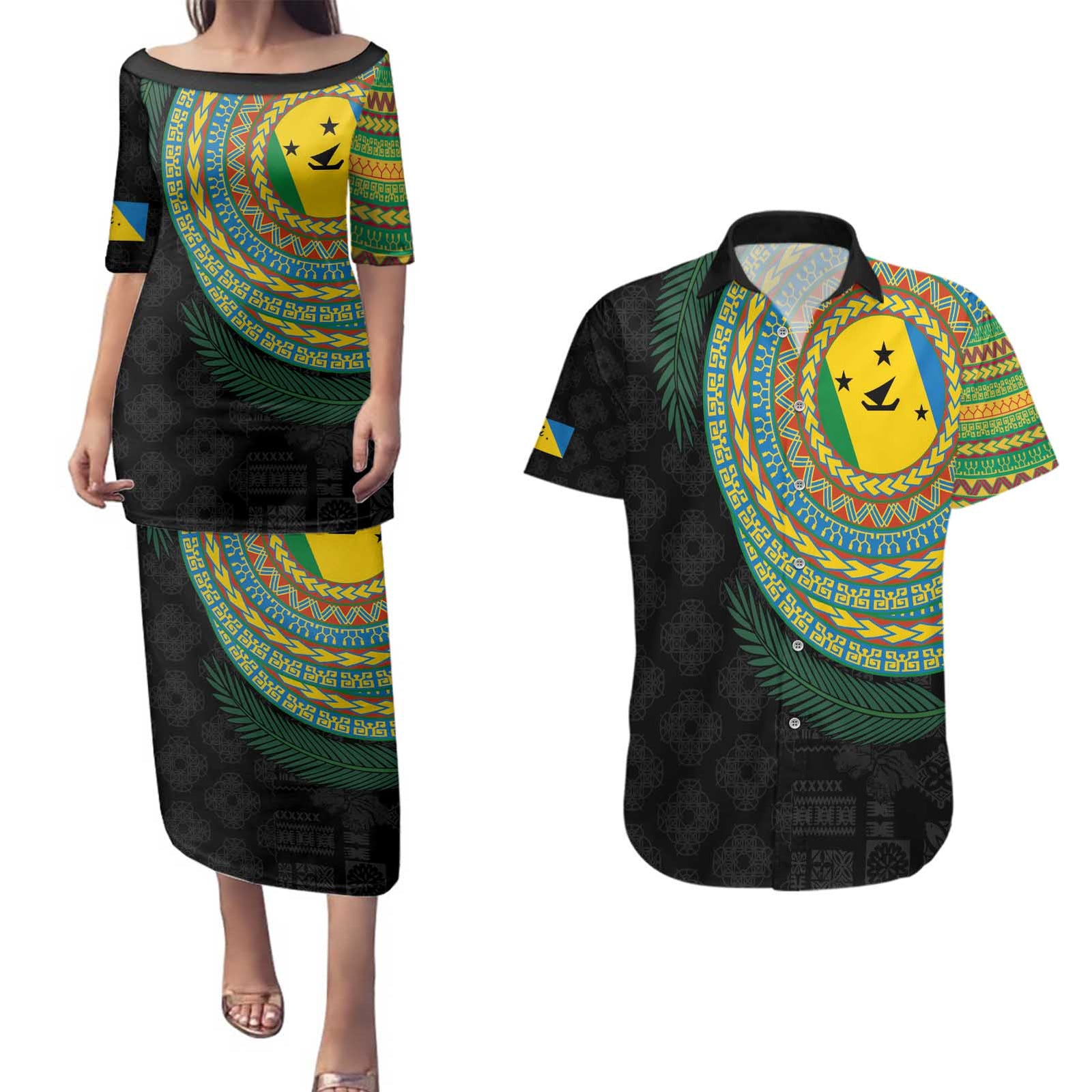 Malampa Tribal Tattoo with Namele Leaves Couples Matching Puletasi and Hawaiian Shirt LT03 Black - Polynesian Pride