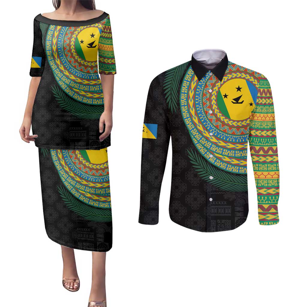 Malampa Tribal Tattoo with Namele Leaves Couples Matching Puletasi and Long Sleeve Button Shirt LT03 Black - Polynesian Pride